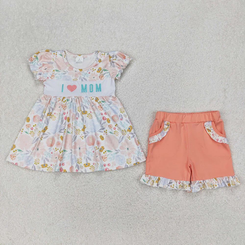 Orange Floral I Love Mom Shorts Set
