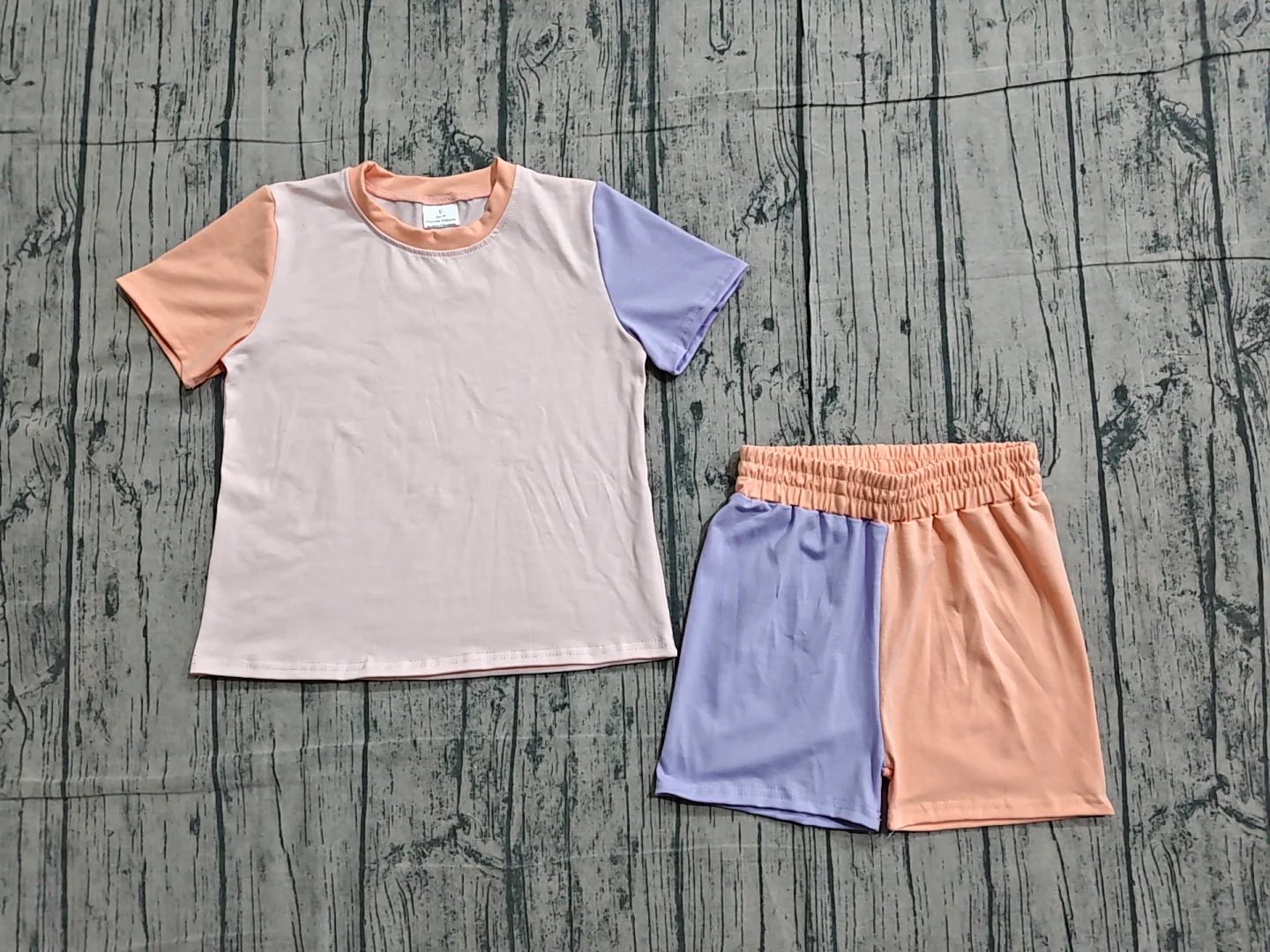 Orange and Light Blue Color Block Shorts Set