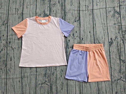 Orange and Light Blue Color Block Shorts Set