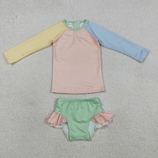 Pastel Color Block Ruffle 2 Piece Swim Suit