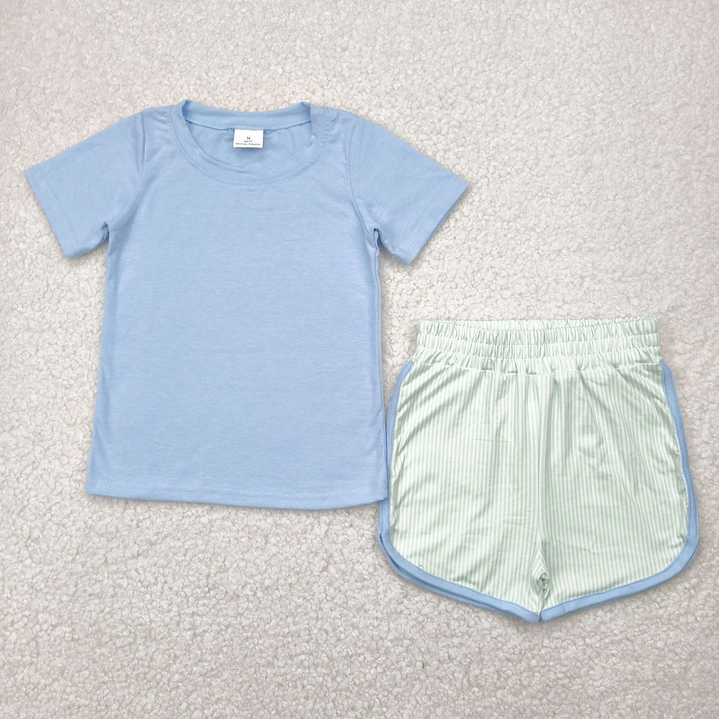 Basic Blue + Green Striped Shorts Set