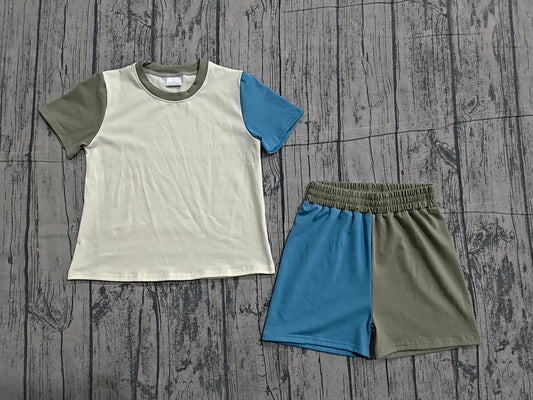 Green and Blue Color Block Shorts Set