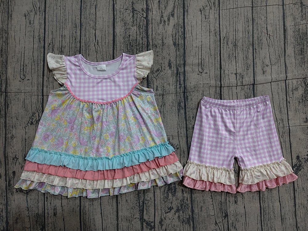 Floral Gingham Ruffle Tied Shorts Set