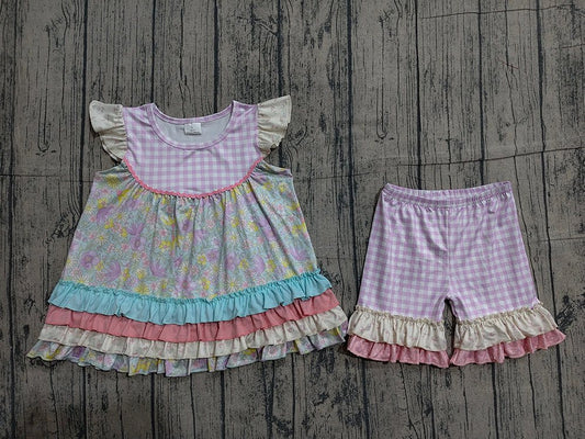 Floral Gingham Ruffle Tied Shorts Set