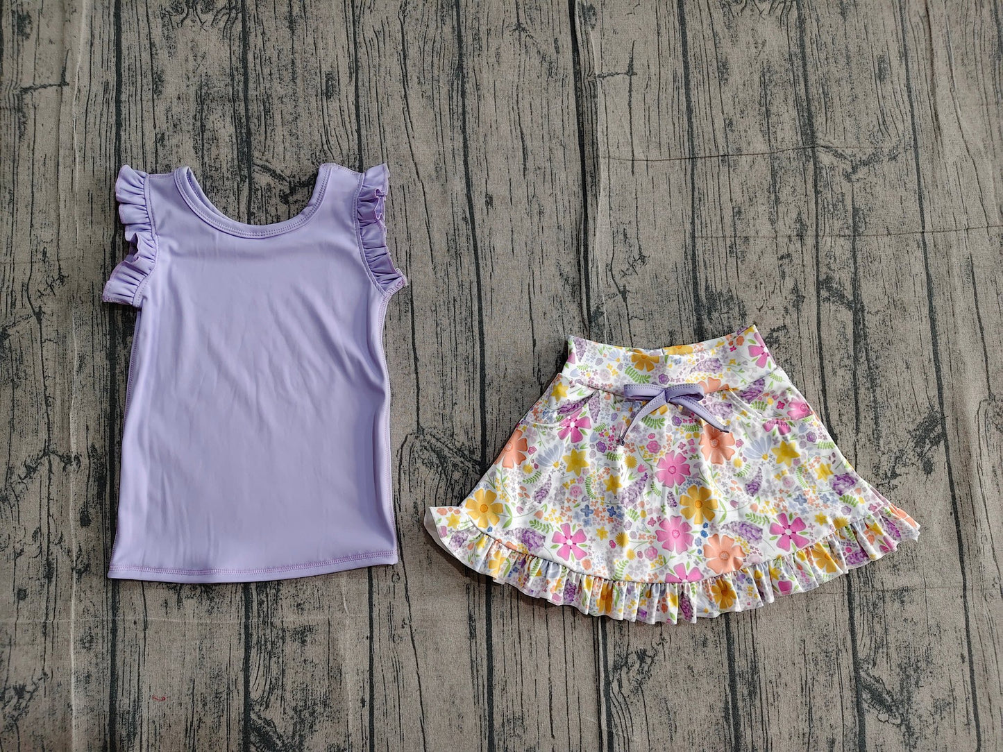 Purple Floral Flutter Sleeve Skort Set