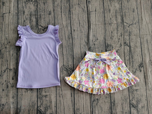 Purple Floral Flutter Sleeve Skort Set
