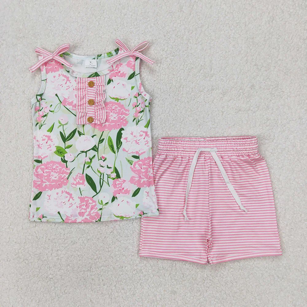 Pink Floral Striped Tank Shorts Set