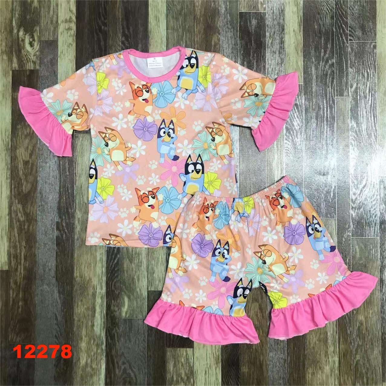 Blue Dog Flowers Ruffle Shorts Set