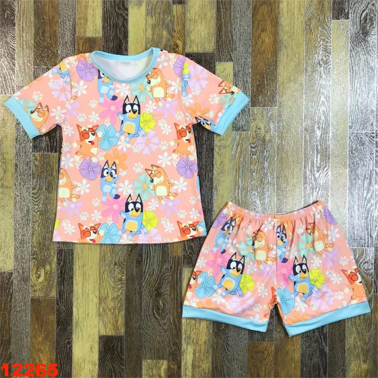 Blue Dog Flowers Shorts Set