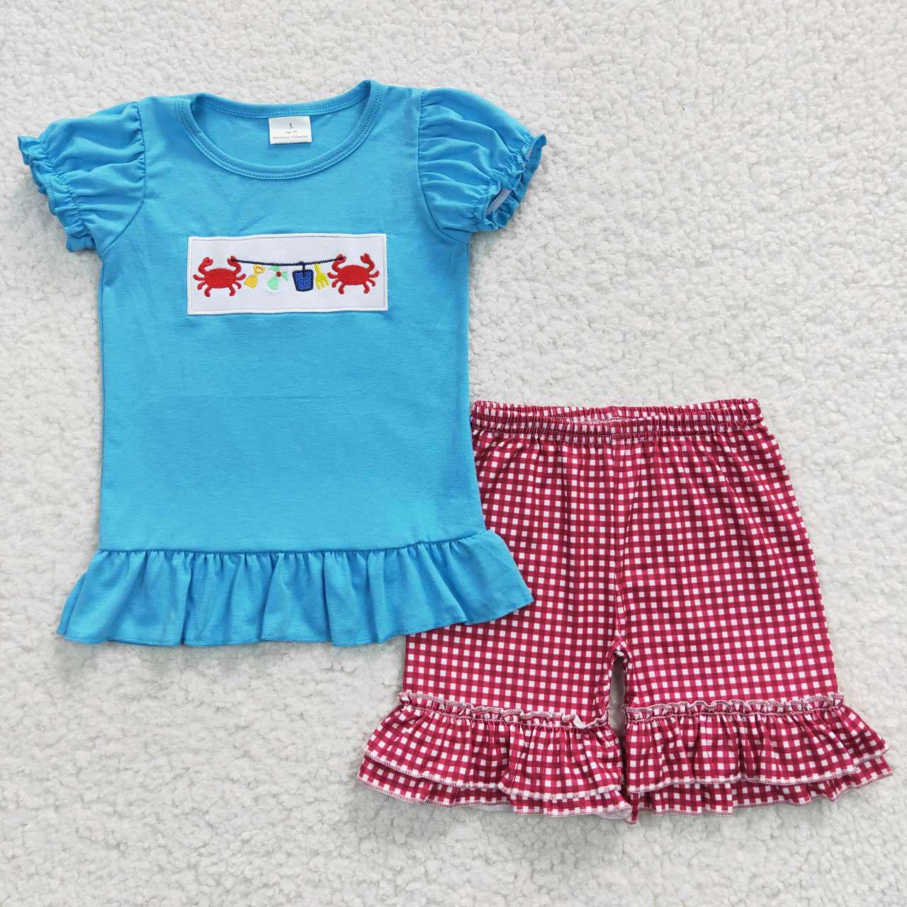 Red Gingham Crab Ruffle Shorts Set