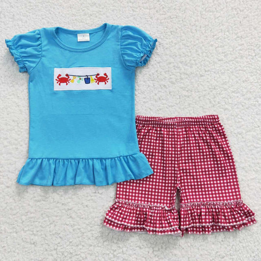 Red Gingham Crab Ruffle Shorts Set