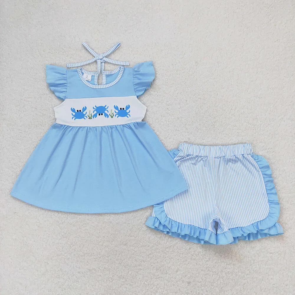 Blue Crab Seersucker Ruffle Shorts Set