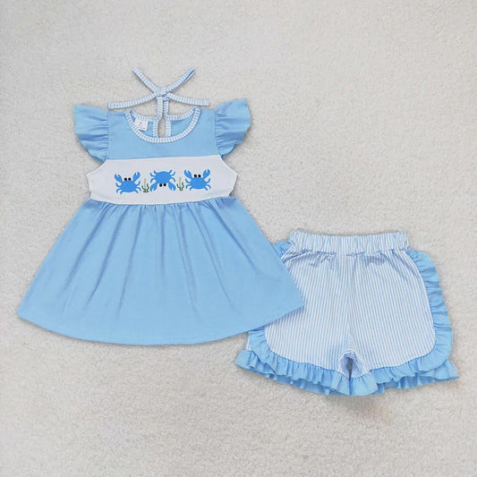 Blue Crab Seersucker Ruffle Shorts Set
