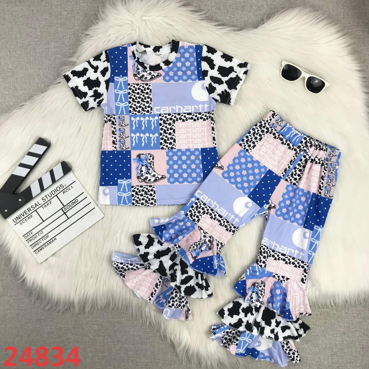 Blue Bow Cow Print Ruffle Pants Set