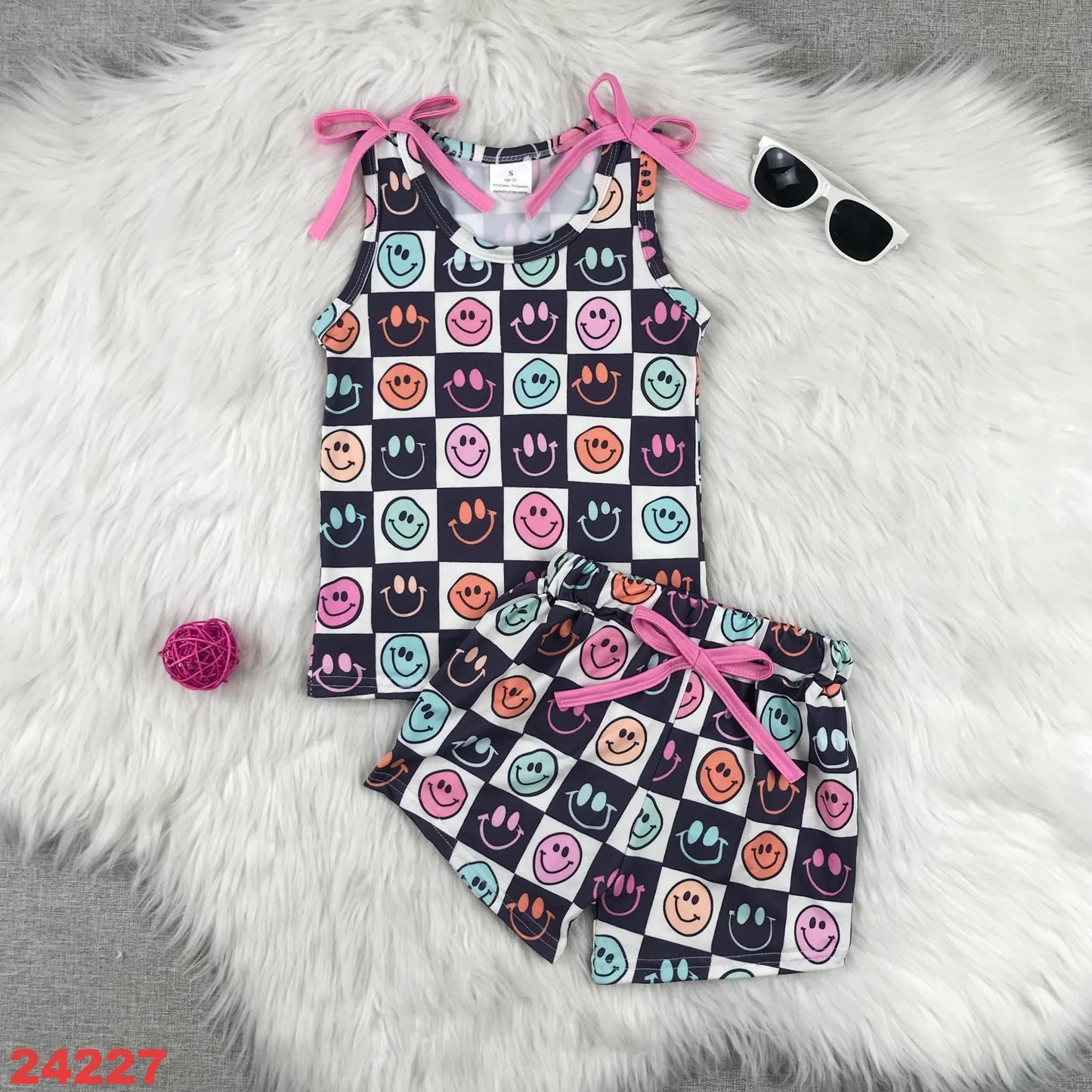 Neon Smiley Checkered Shorts Set