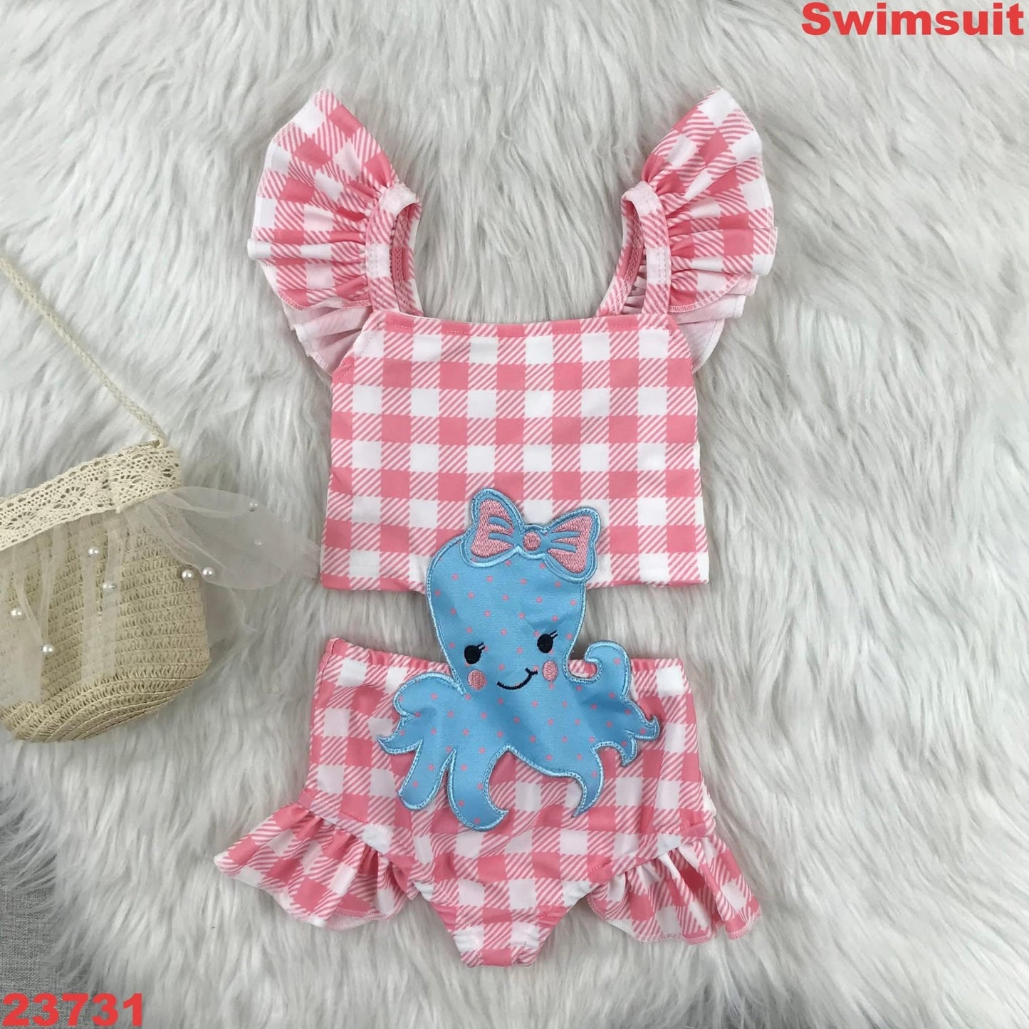 Pink Gingham Octopus Applique Swim Suit