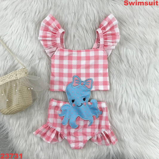 Pink Gingham Octopus Applique Swim Suit