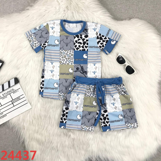 Western Blue Cow Print Shorts Set