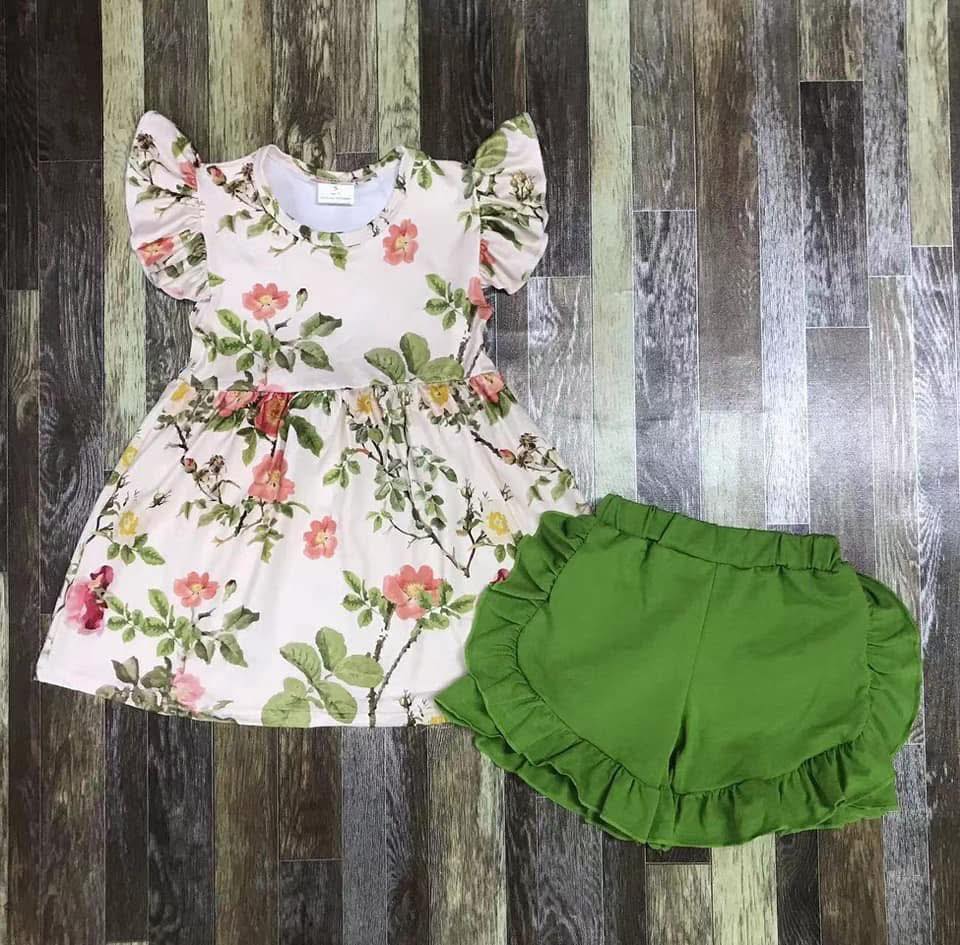 Green Floral Shorts Set