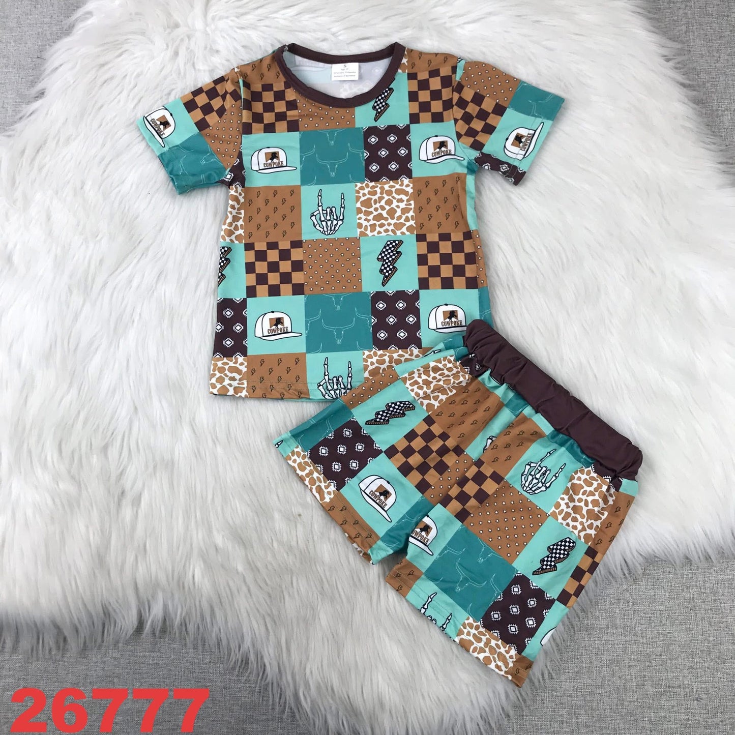 Brown and Teal Cow Print Shorts Set