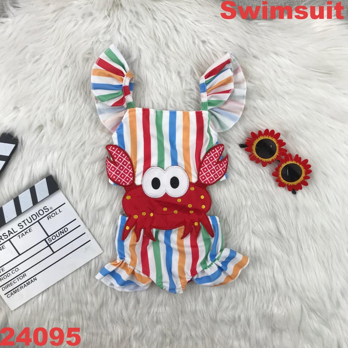 Striped Ruffle Crab Applique Swimsuit