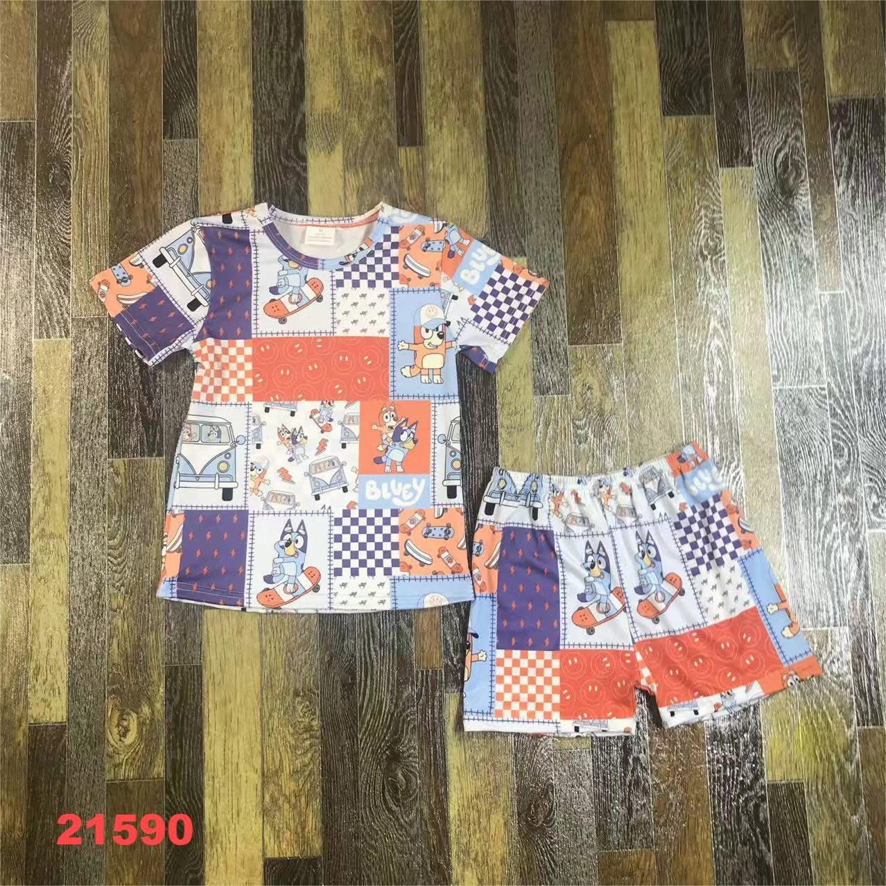 Blue Dog Patchwork Shorts Set