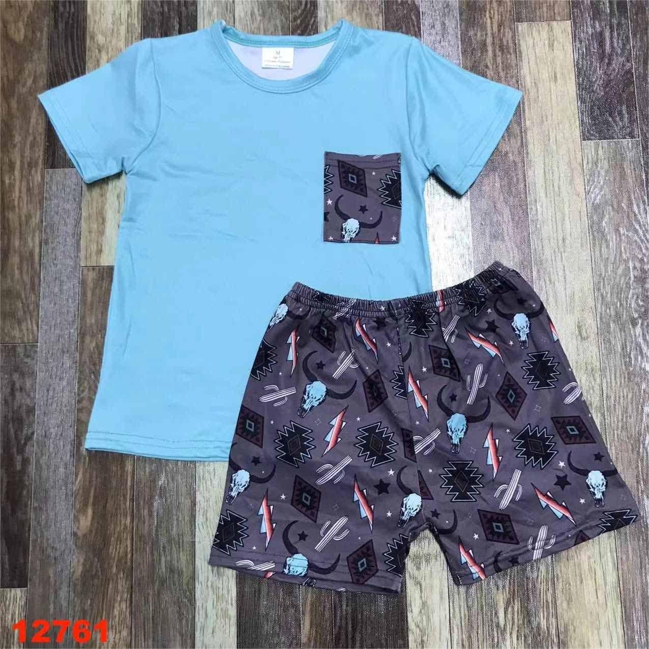 Blue Western Print Pocket Tee Shorts Set