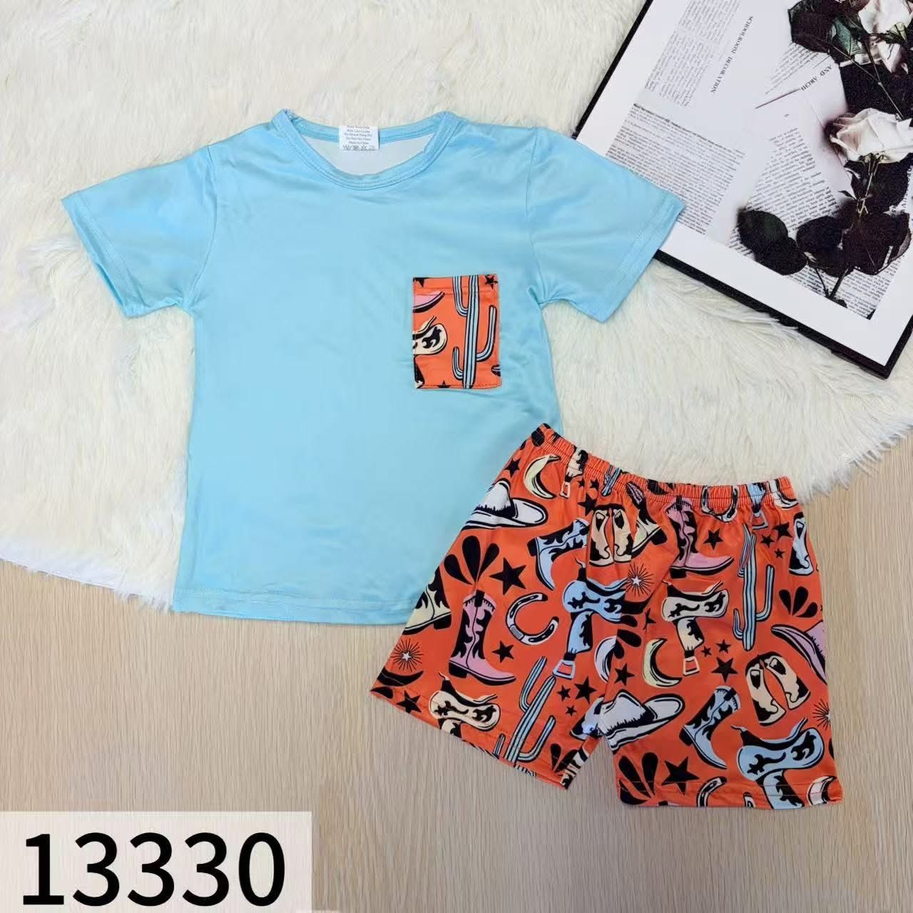 Western Print Pocket Tee Shorts Set