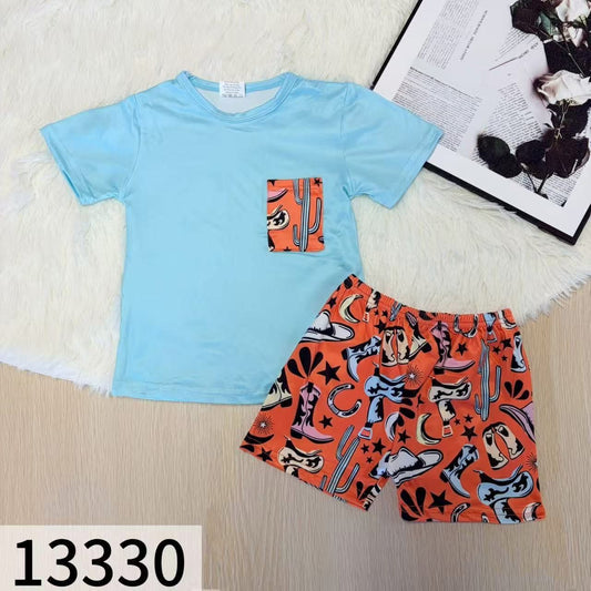 Western Print Pocket Tee Shorts Set