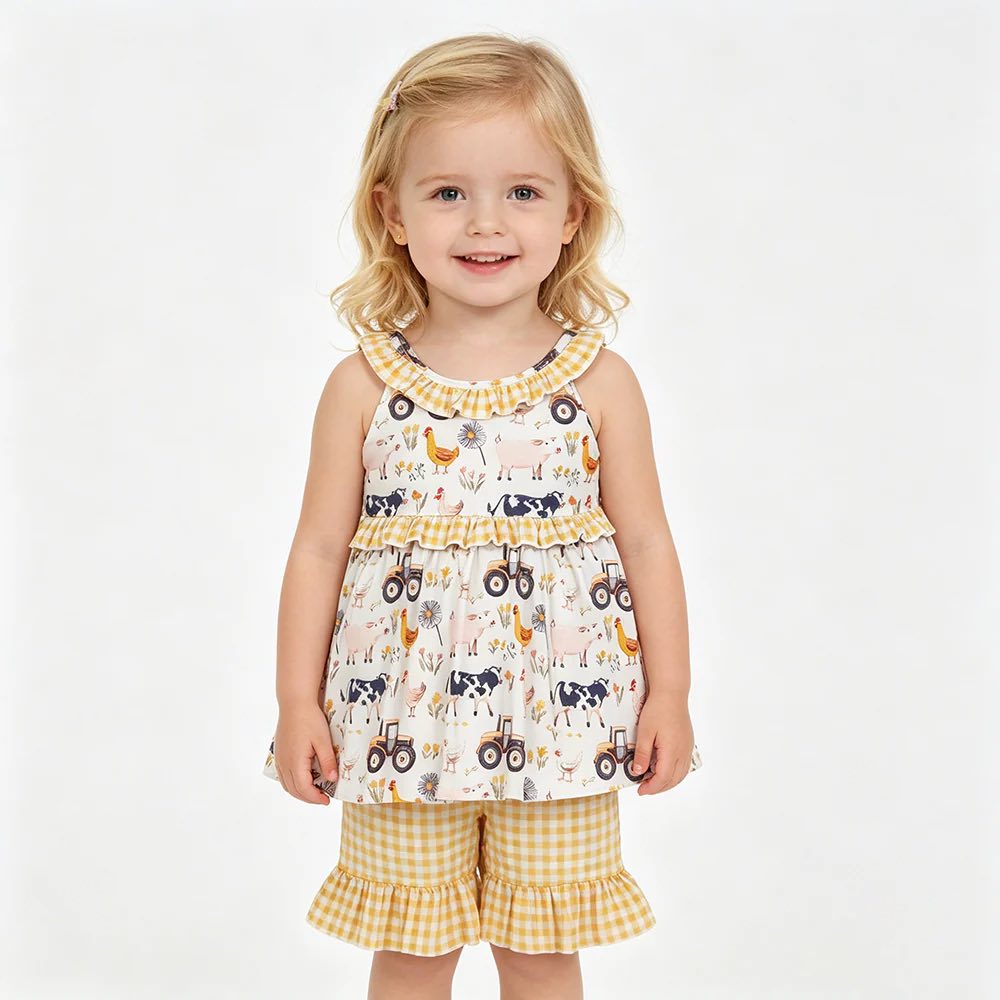 Gingham Farm Animal Ruffle Shorts Set