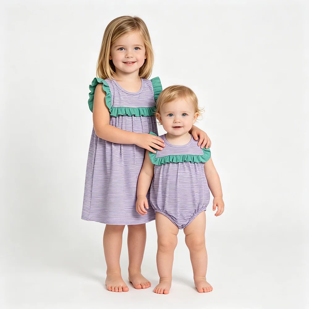 Blue Striped Green Ruffle Dress