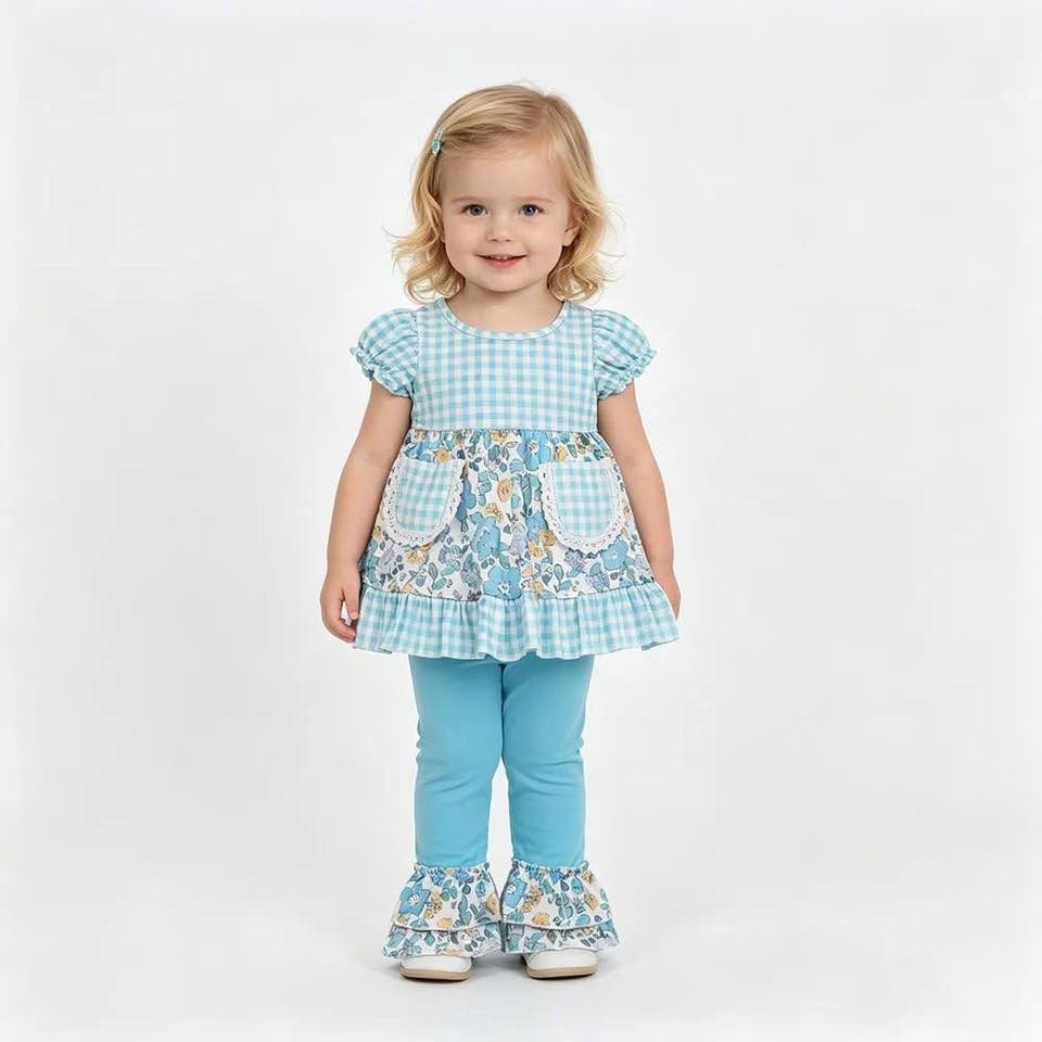 Blue Gingham Floral Ruffle Pants Set