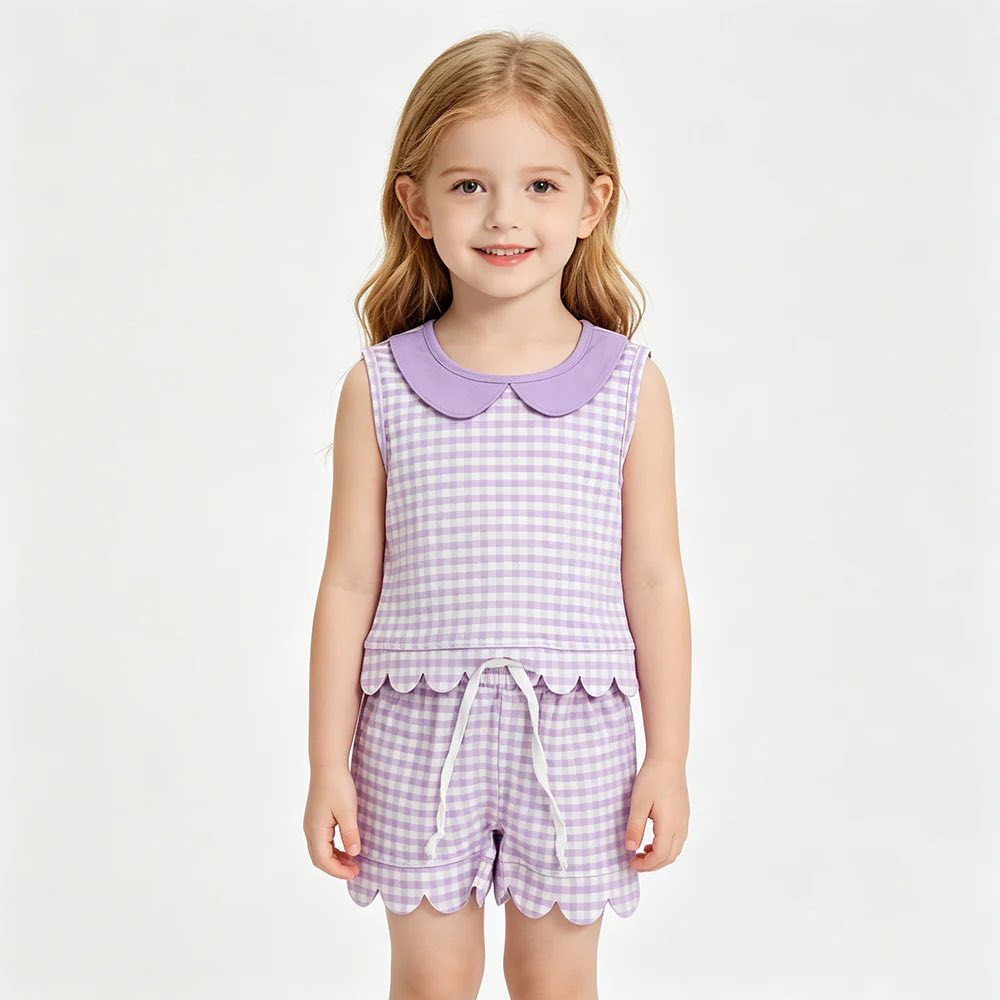 Purple Gingham Scalloped Shorts Set