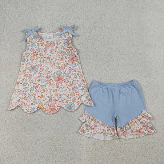 Blue Floral Scalloped Shorts Set
