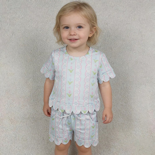 Tulips and Stripes Scalloped Shorts Set
