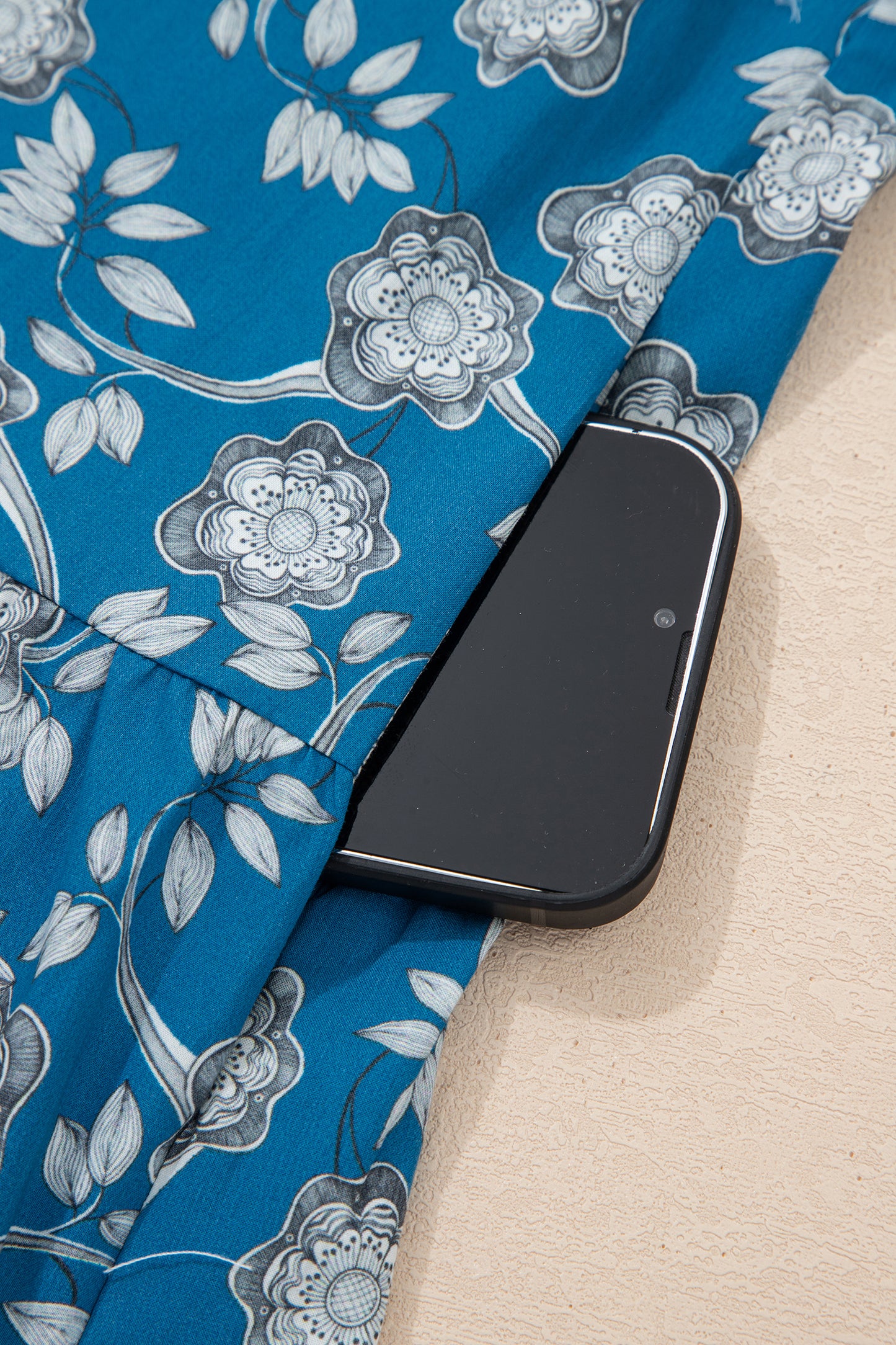 Blue Striped Trim Half Buttons Short Sleeve Floral Dress