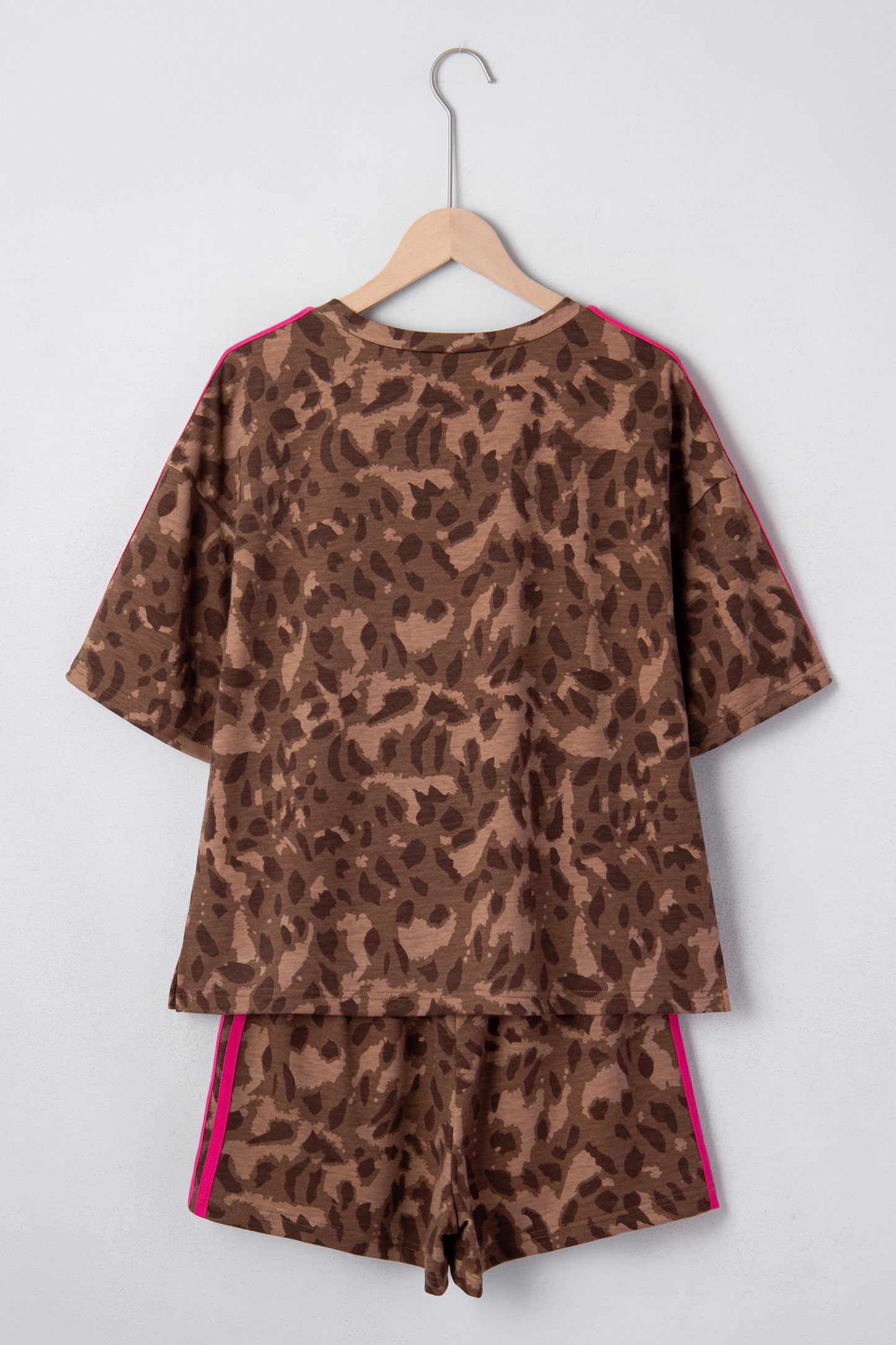 Brown Contrast Striped Accent Leopard Short Set