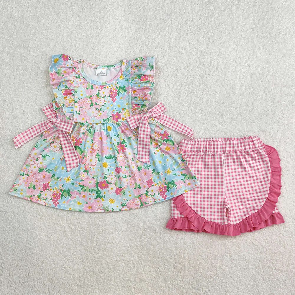 Floral and Gingham Bow Shorts Set