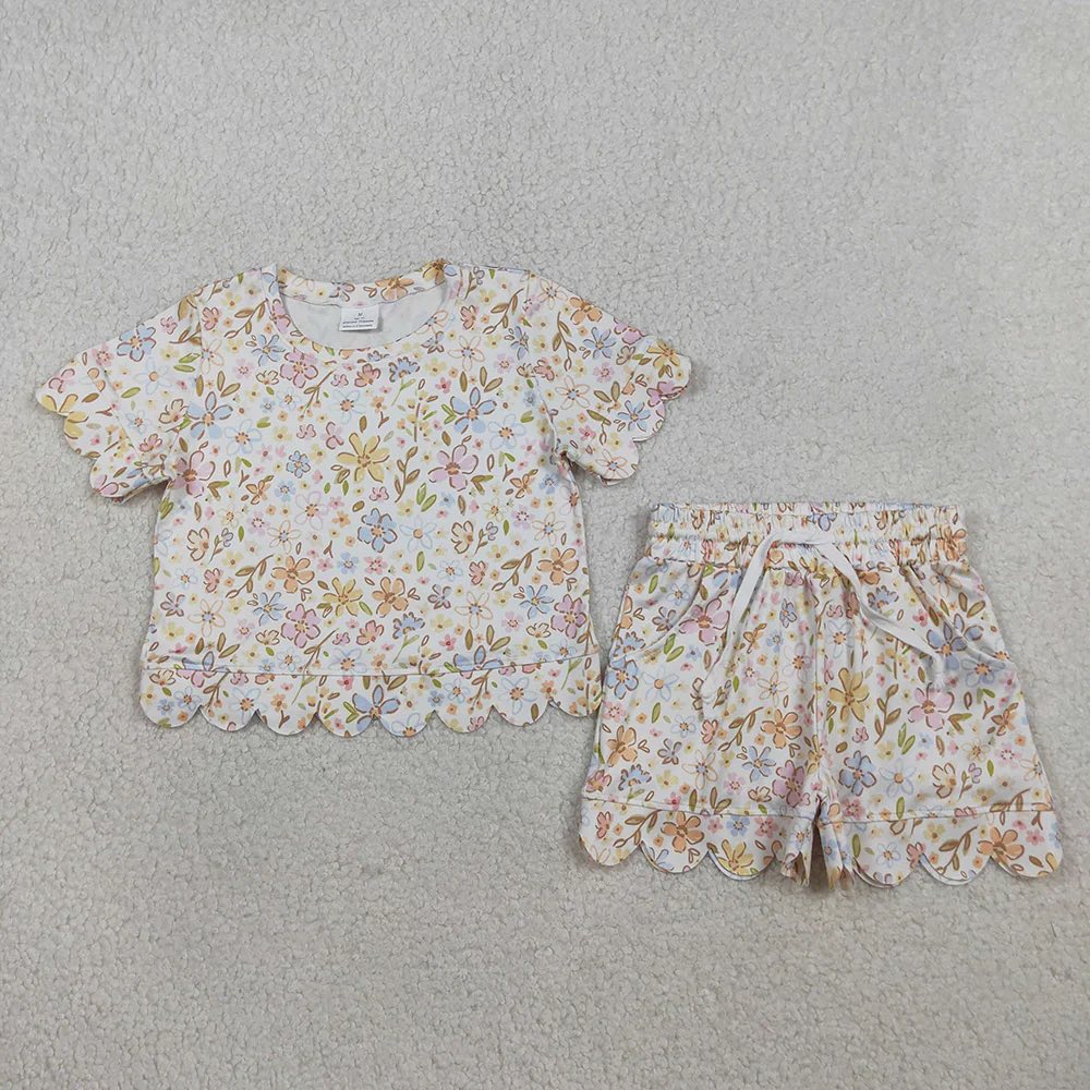 Beige Floral Scalloped Shorts Set