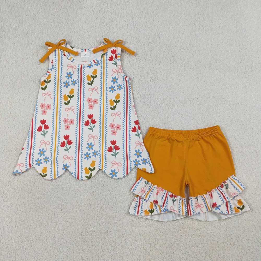 Orange Floral Scalloped Shorts Set