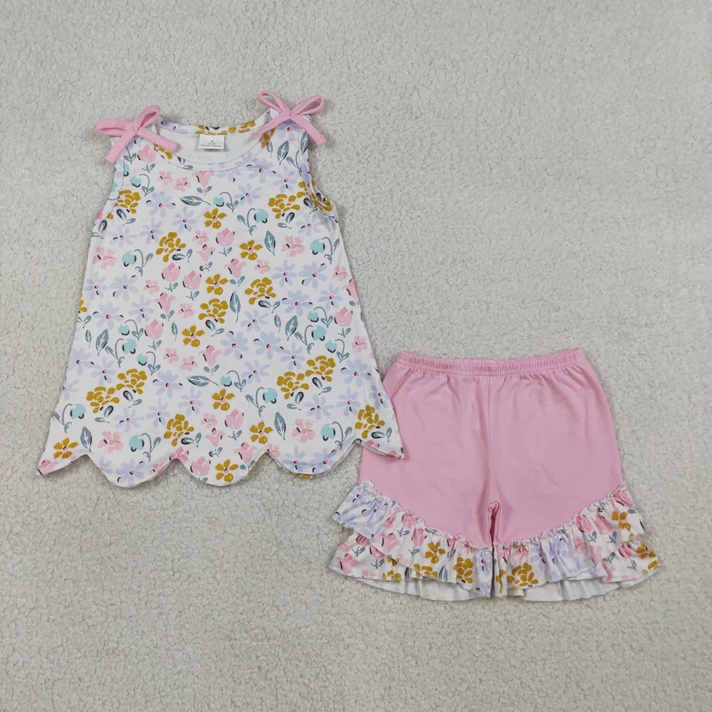 Light Pink Floral Scalloped Shorts Set