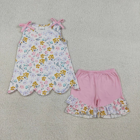 Light Pink Floral Scalloped Shorts Set