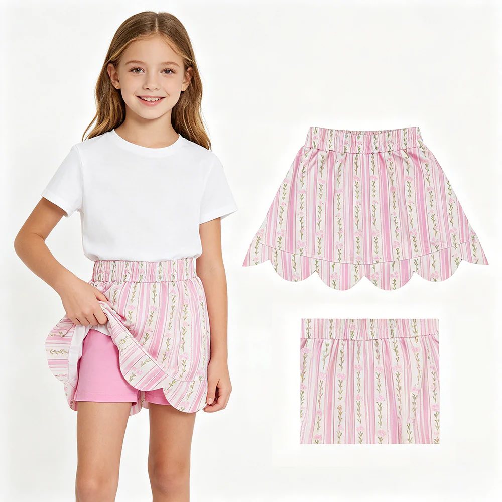 Pink Floral Stripe Scalloped Skort