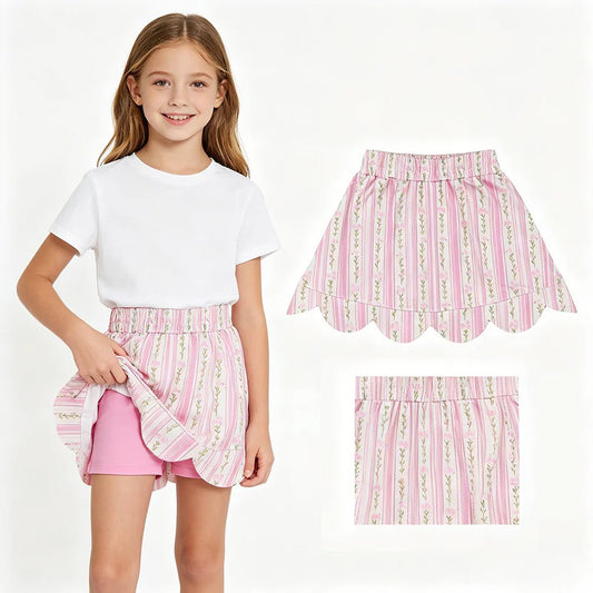 Pink Floral Stripe Scalloped Skort