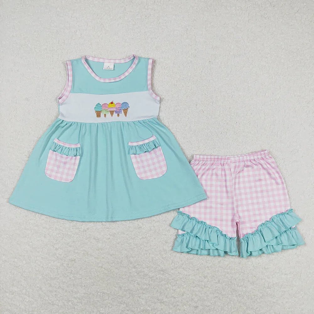 Blue and Pink Gingham Ice Cream Shorts Set