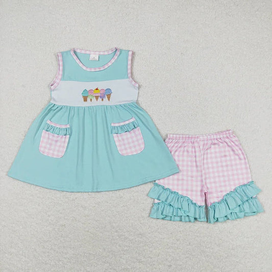 Blue and Pink Gingham Ice Cream Shorts Set