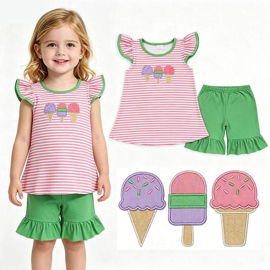 Embroidered Ice Cream Shorts Set