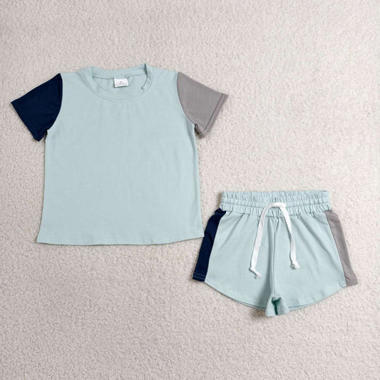 Blue and Gray Colorblock Shorts Set
