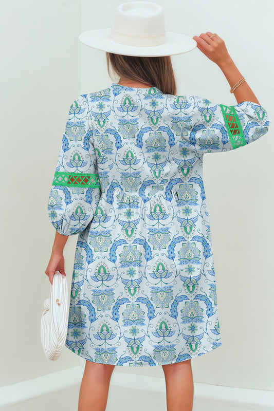 Sky Blue Boho Paisley Print Contrasted Patchwork Detail Bracelet Sleeve Loose Mini Dress
