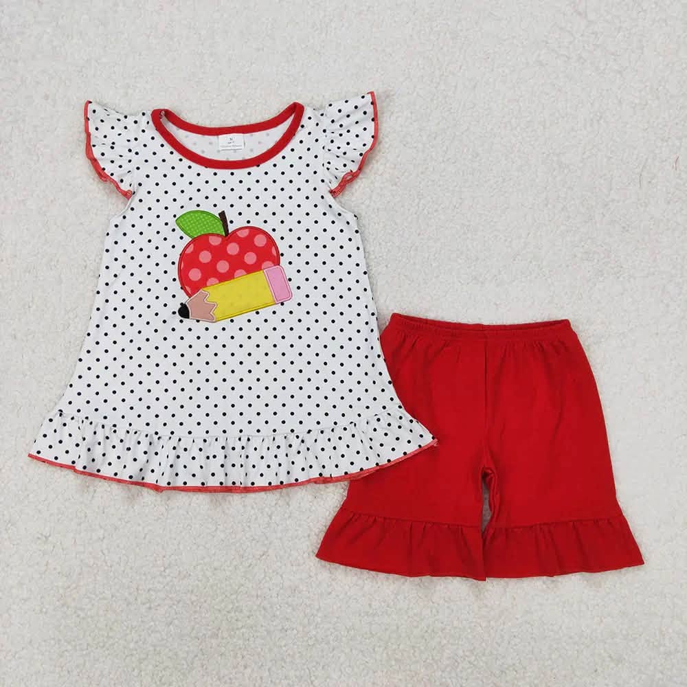 Polka Dot Apple Pencil Ruffle Shorts Set